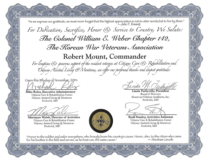 KWVA Chapter #142 Certificate of Appreciation from Citizens Monteview Nursing Home